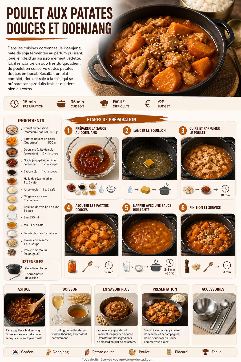 Fiche recette Recette de poulet aux patates douces et doenjang
