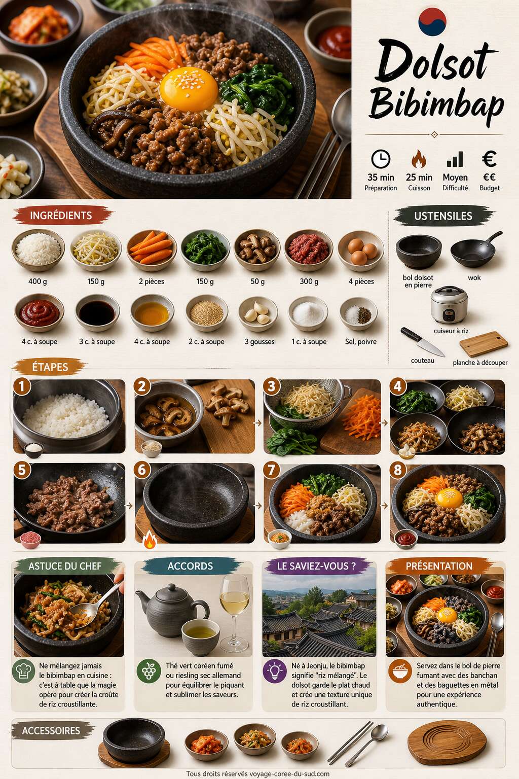 Fiche recette Recette de dolsot bibimbap : le bibimbap servi en pierre brûlante Fiche recette Recette de dolsot bibimbap : le bibimbap servi en pierre brûlante