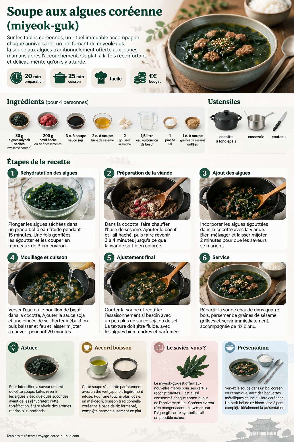 Fiche recette Recette de la soupe aux algues cor&eacute;enne (miyeok-guk)
