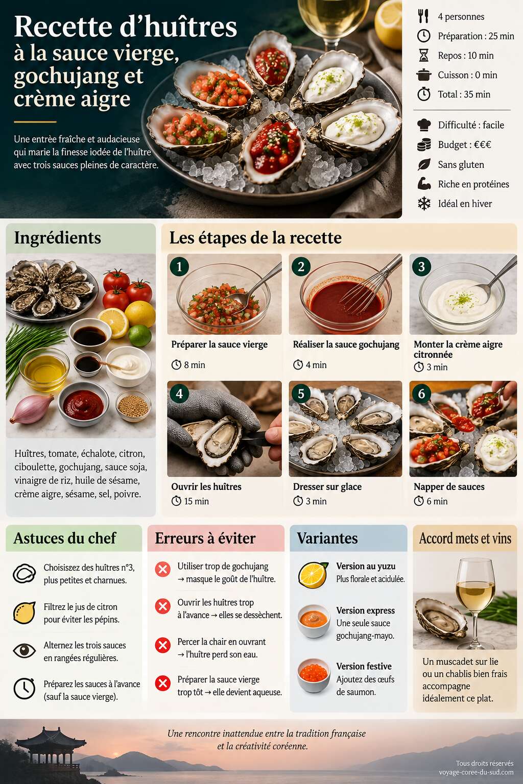 Fiche recette Recette d'huîtres à la sauce vierge, gochujang et crème aigre Fiche recette Recette d'huîtres à la sauce vierge, gochujang et crème aigre